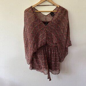 Ella Moss Silk Top Womens XS Purple Paisley Lined Peplum Short Sleeve Batwing